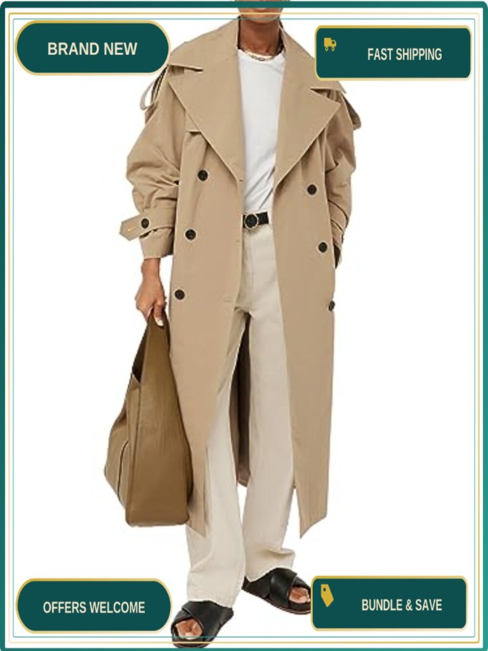 Women's Oversized Long Trench Coat Double Breasted Windproof Belted